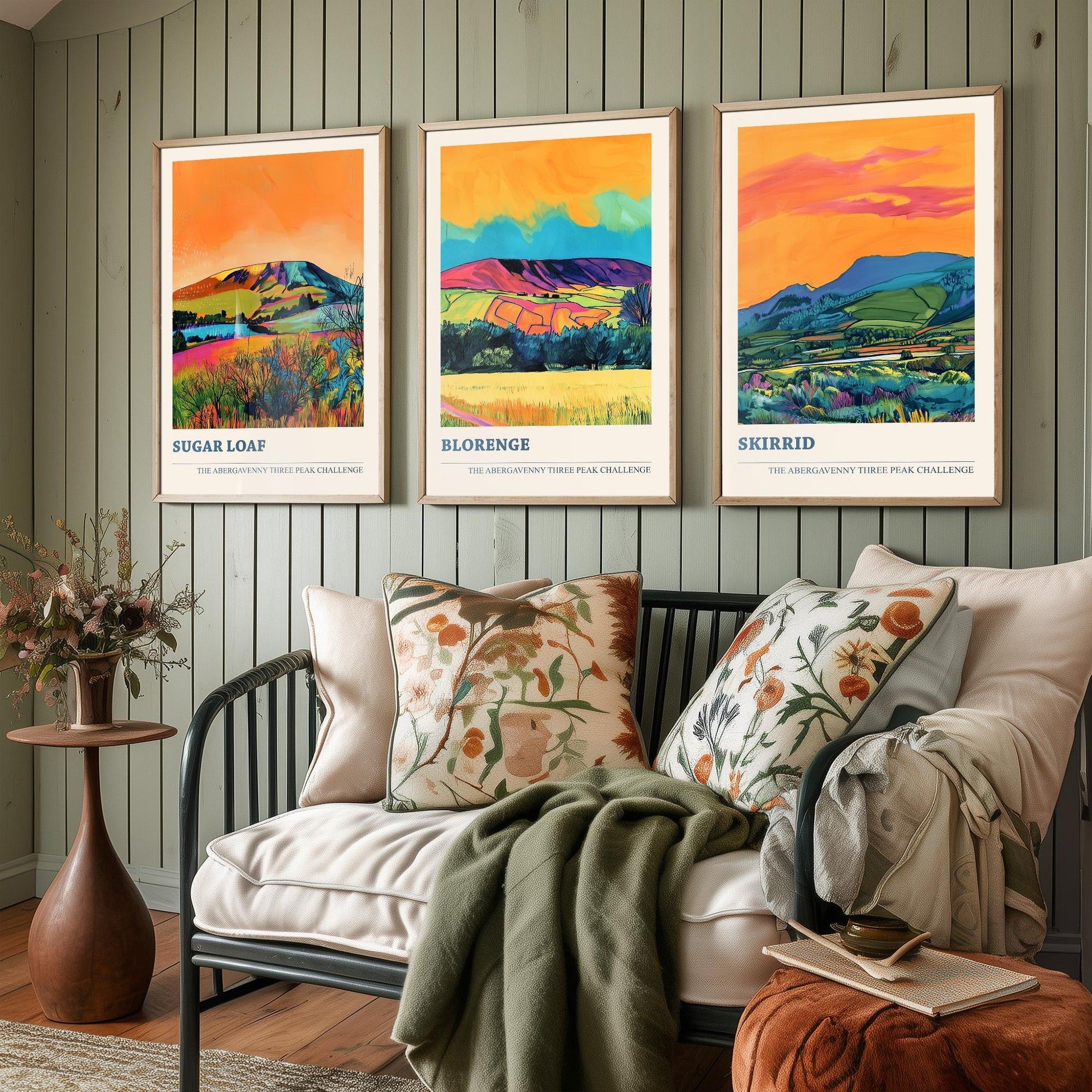 Abergavenny Three Peak Challenge Prints - Set of Three Sugar Loaf, Blorenge, Skirrid Posters - Orange Jet Bold Wales Art - Painting