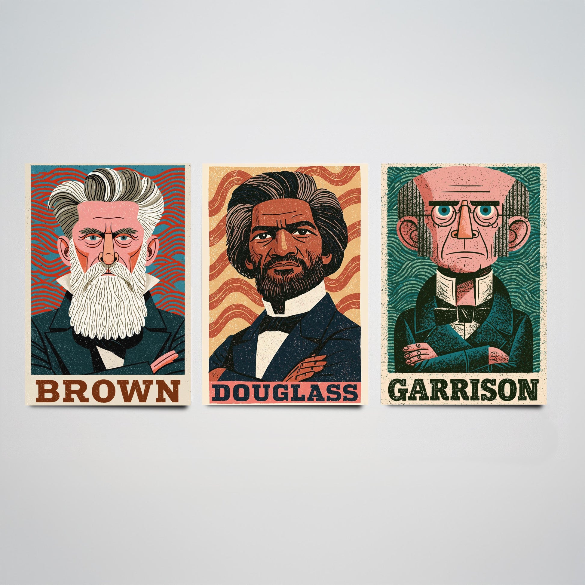 Abolitionists Set of Three Art Prints - John Brown, Frederick Douglass, William Lloyd Garrison - History Poster Illustration Gift