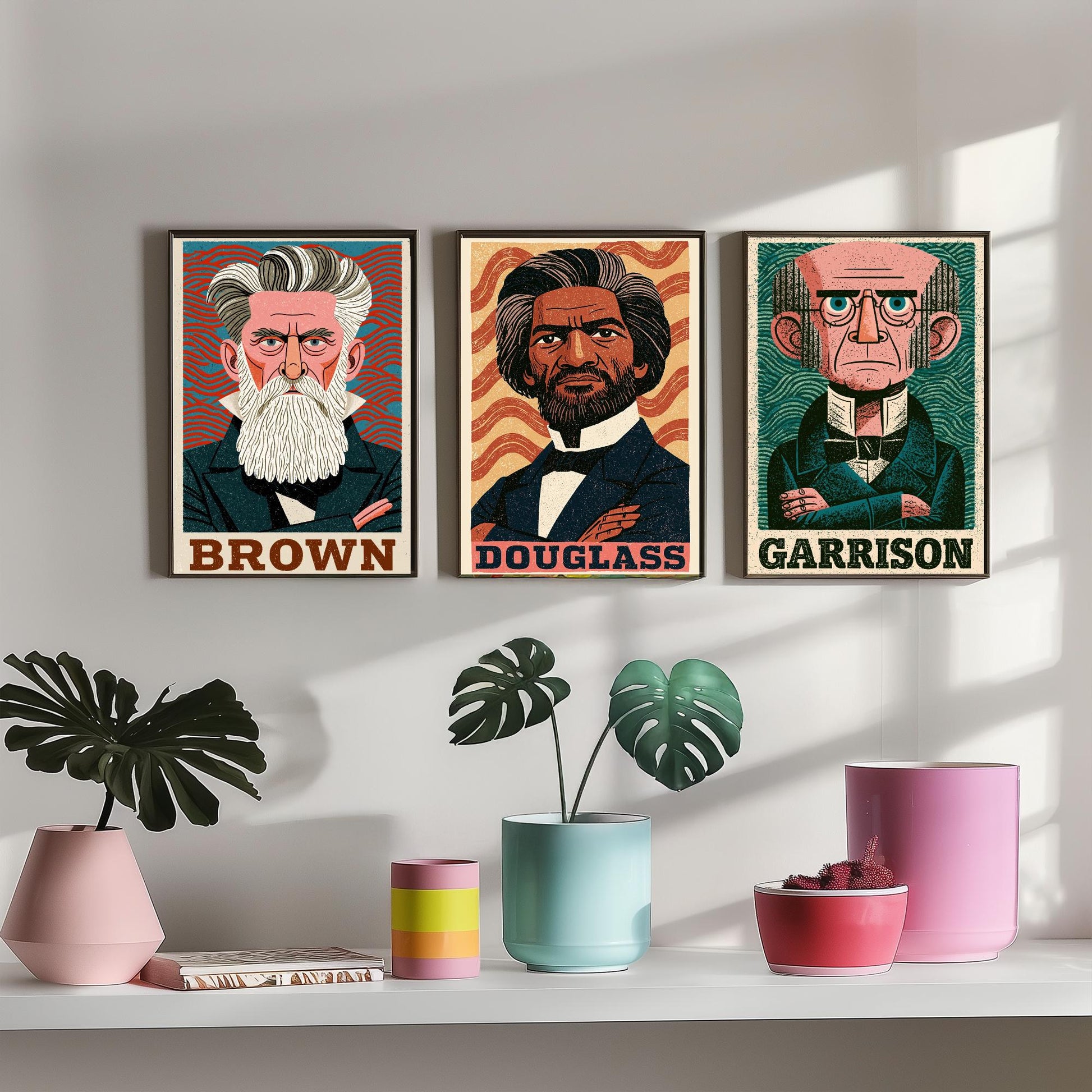 Abolitionists Set of Three Art Prints - John Brown, Frederick Douglass, William Lloyd Garrison - History Poster Illustration Gift