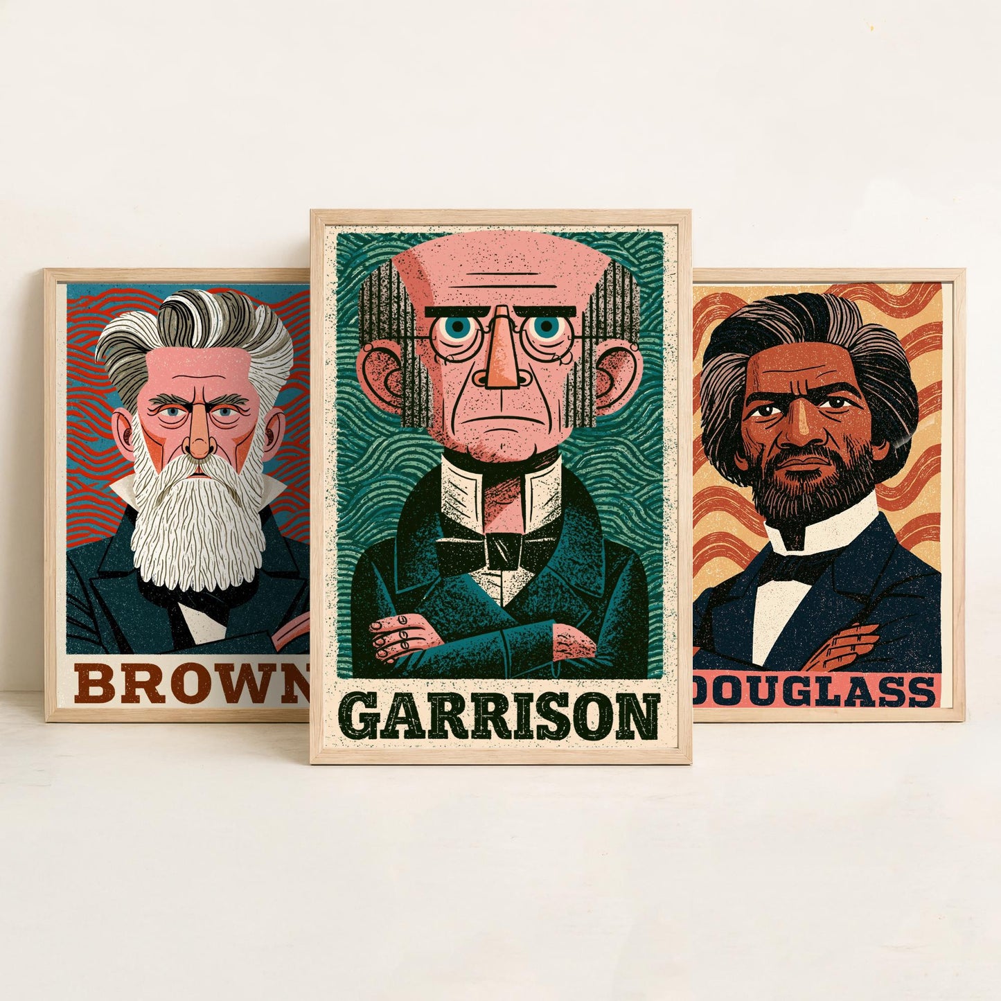 Abolitionists Set of Three Art Prints - John Brown, Frederick Douglass, William Lloyd Garrison - History Poster Illustration Gift