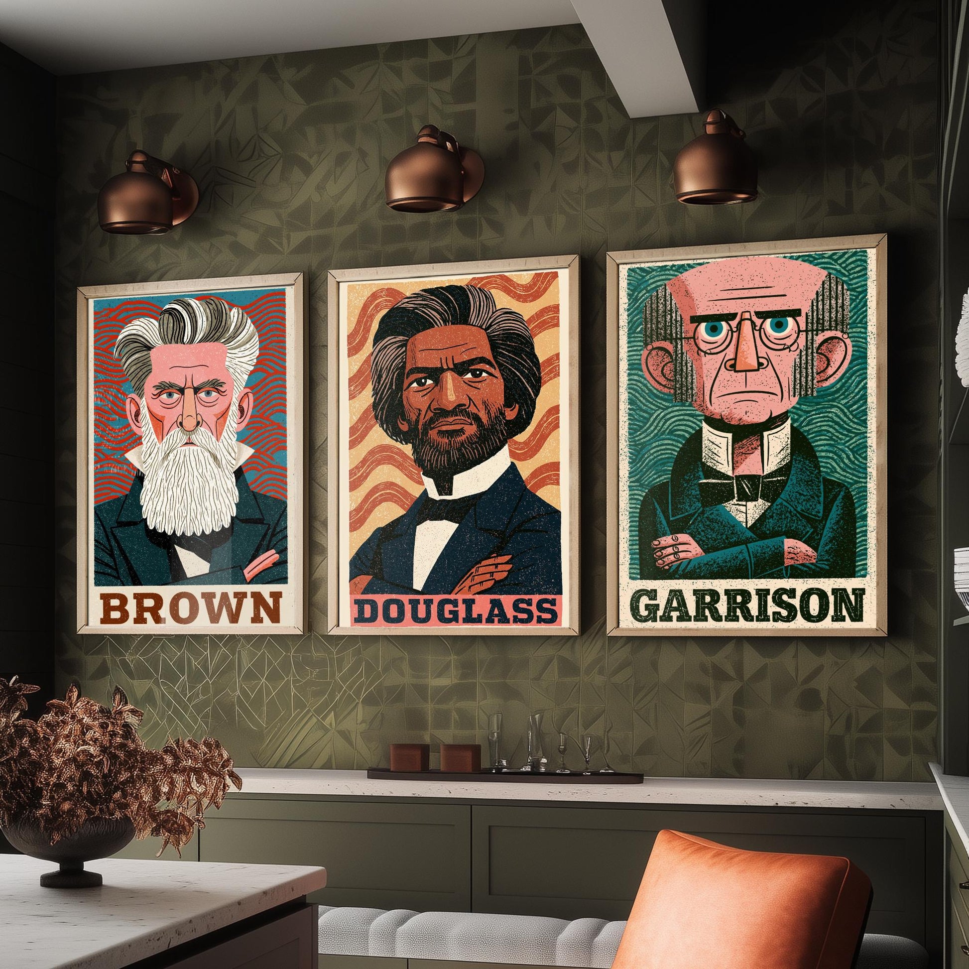 Abolitionists Set of Three Art Prints - John Brown, Frederick Douglass, William Lloyd Garrison - History Poster Illustration Gift