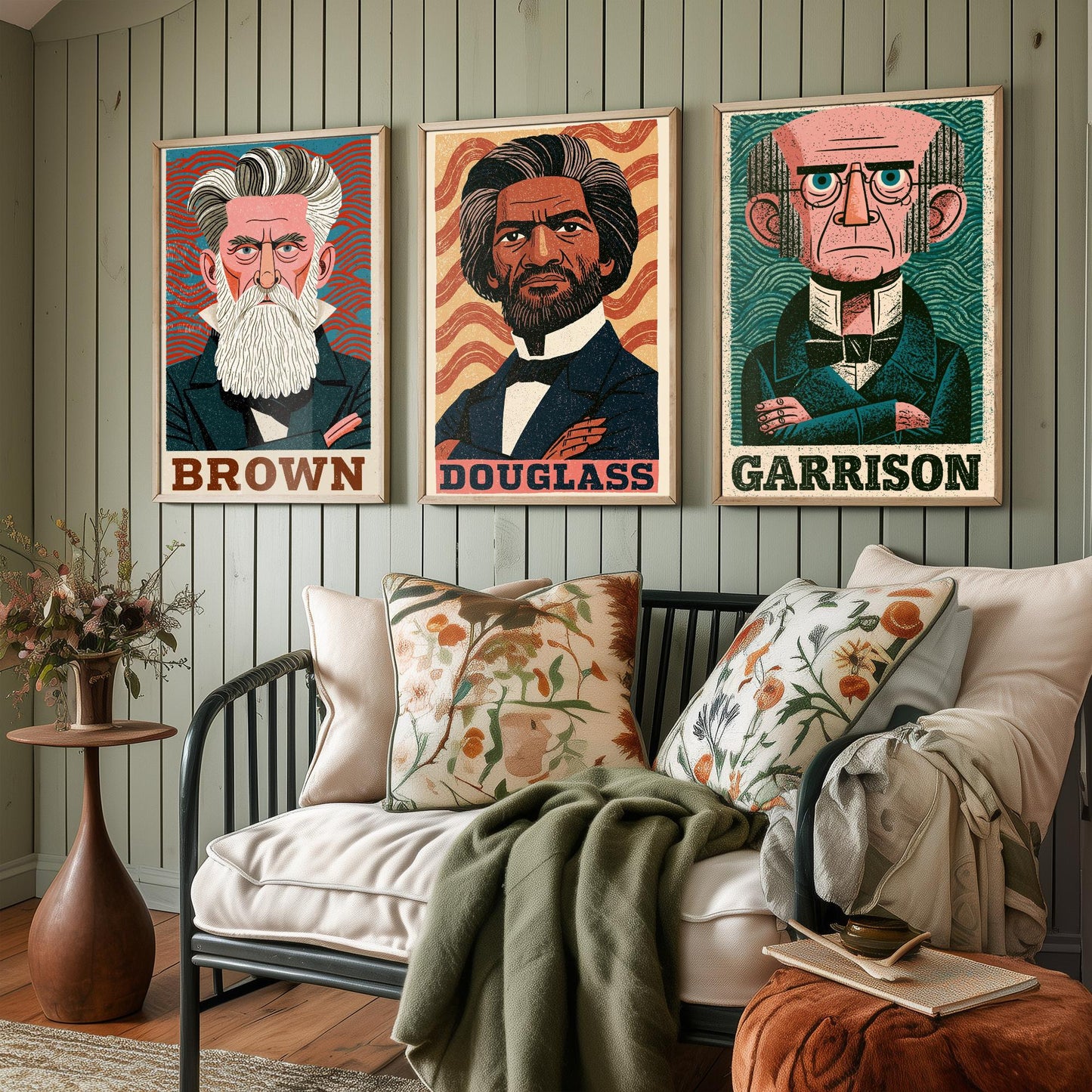 Abolitionists Set of Three Art Prints - John Brown, Frederick Douglass, William Lloyd Garrison - History Poster Illustration Gift