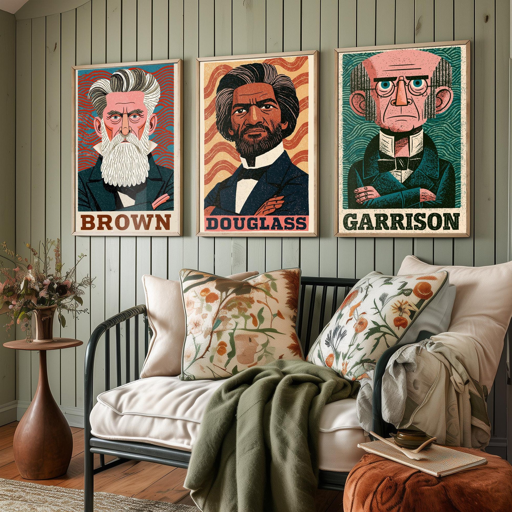 Abolitionists Set of Three Art Prints - John Brown, Frederick Douglass, William Lloyd Garrison - History Poster Illustration Gift