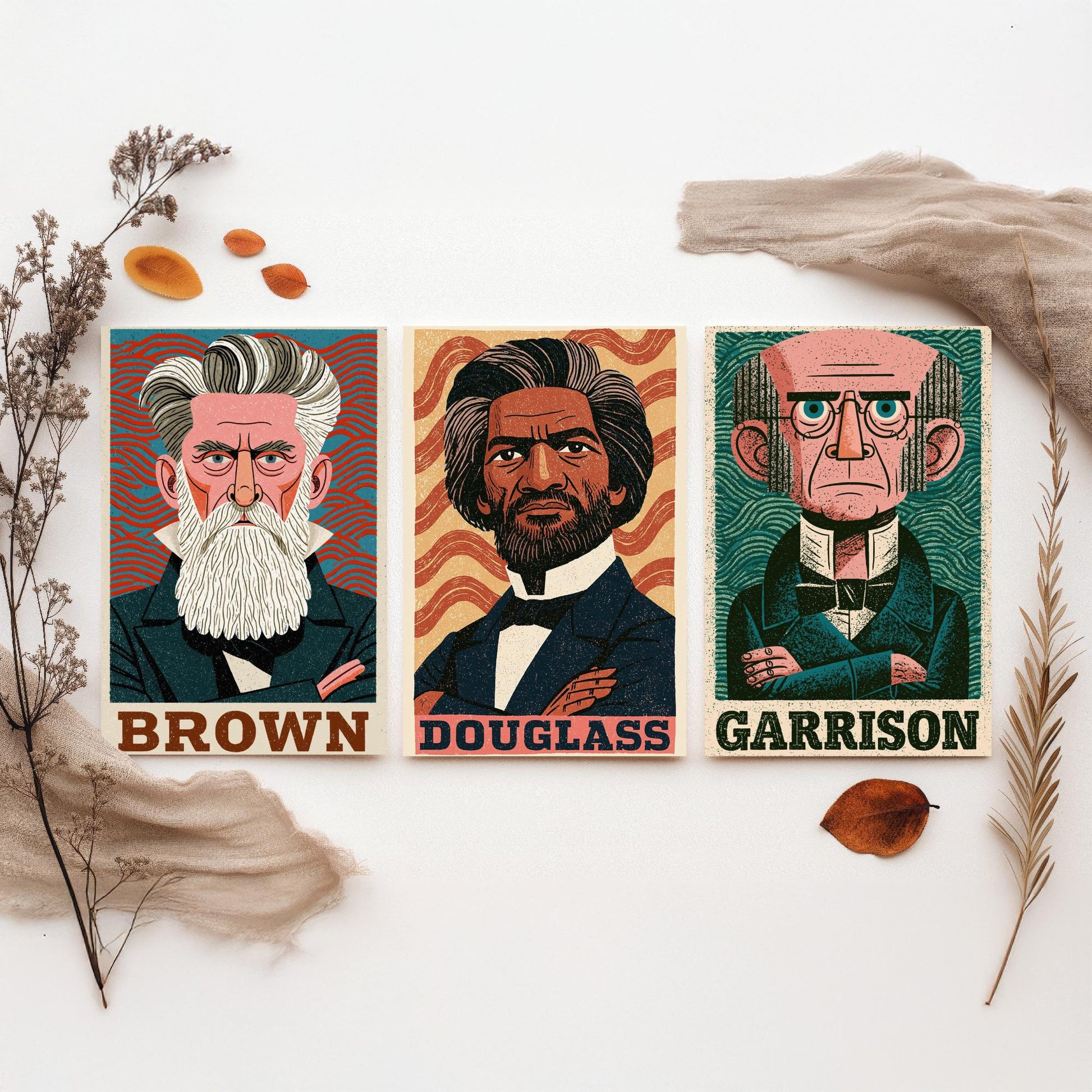 Abolitionists Set of Three Art Prints - John Brown, Frederick Douglass, William Lloyd Garrison - History Poster Illustration Gift