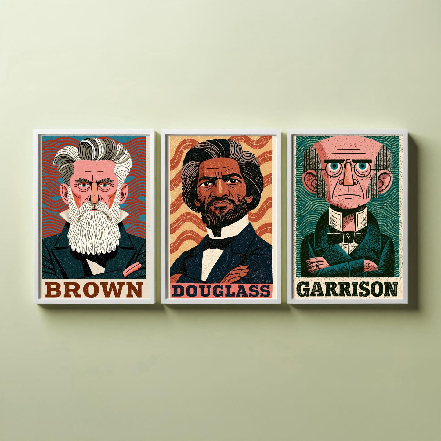 Abolitionists Set of Three Art Prints - John Brown, Frederick Douglass, William Lloyd Garrison - History Poster Illustration Gift