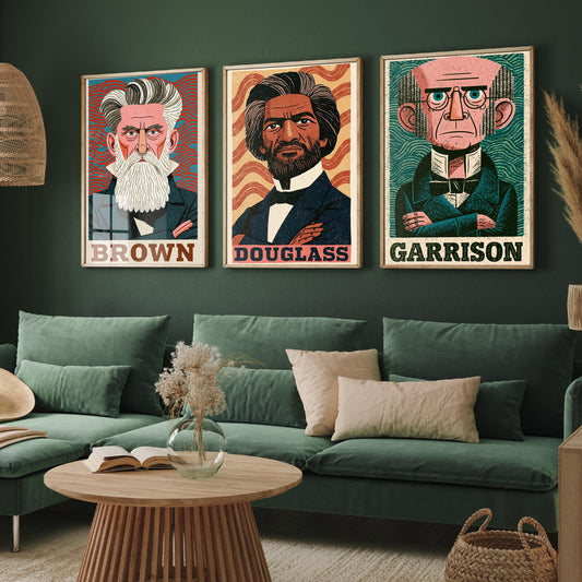Abolitionists Set of Three Art Prints - John Brown, Frederick Douglass, William Lloyd Garrison - History Poster Illustration Gift