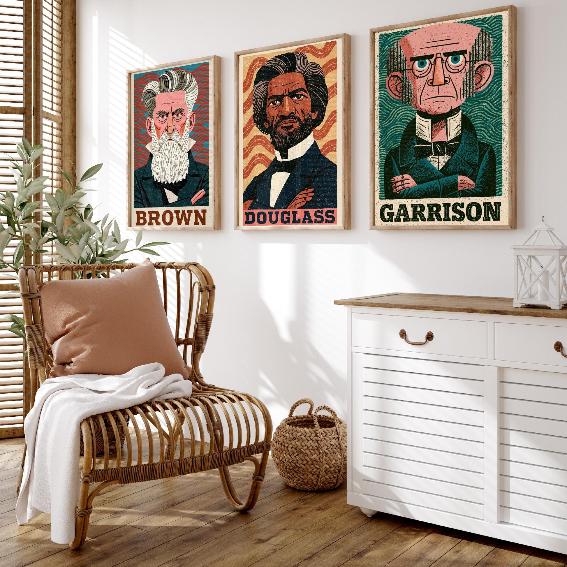 Abolitionists Set of Three Art Prints - John Brown, Frederick Douglass, William Lloyd Garrison - History Poster Illustration Gift