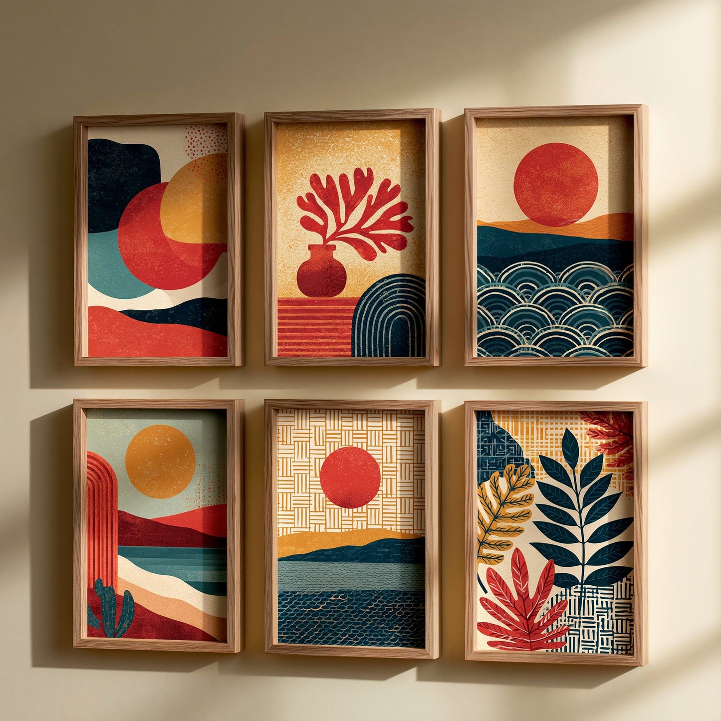 Set of Six Mid Century Boho Art Prints - 6 Terracotta Navy Abstract Landscape Posters - Sun Moon Wave Arch Botanical Illustration