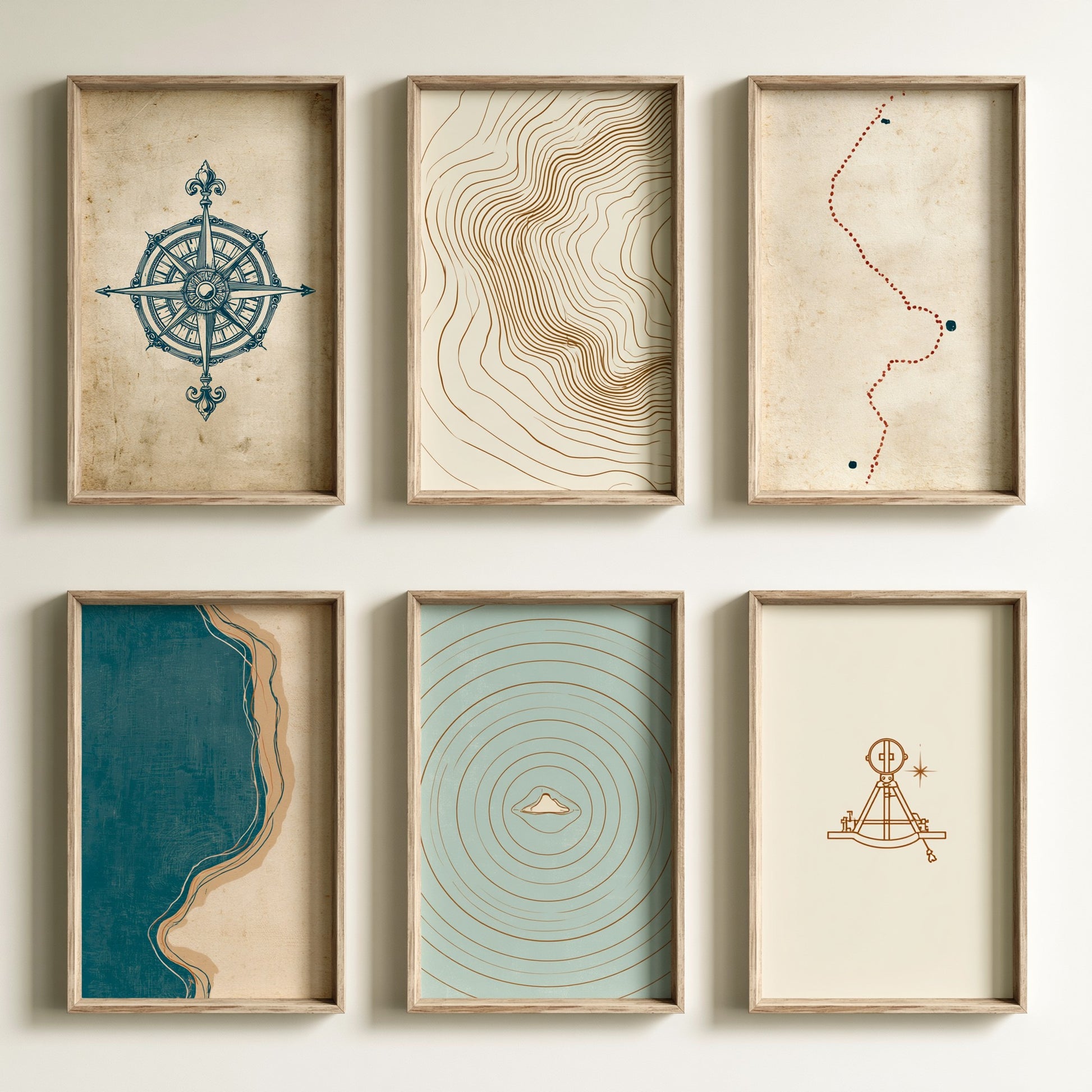 Set of Six Vintage Nautical Art Prints - 6 Compass Map Sextant Coastal Posters - Antique Cartography Navigation Ocean Illustration