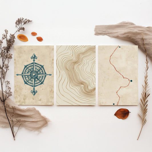 Compass Rose Navigation Set of Three Art Prints - Topographic Contour Lines & Dotted Route - Abstract Cartography Map Poster Illustration V1