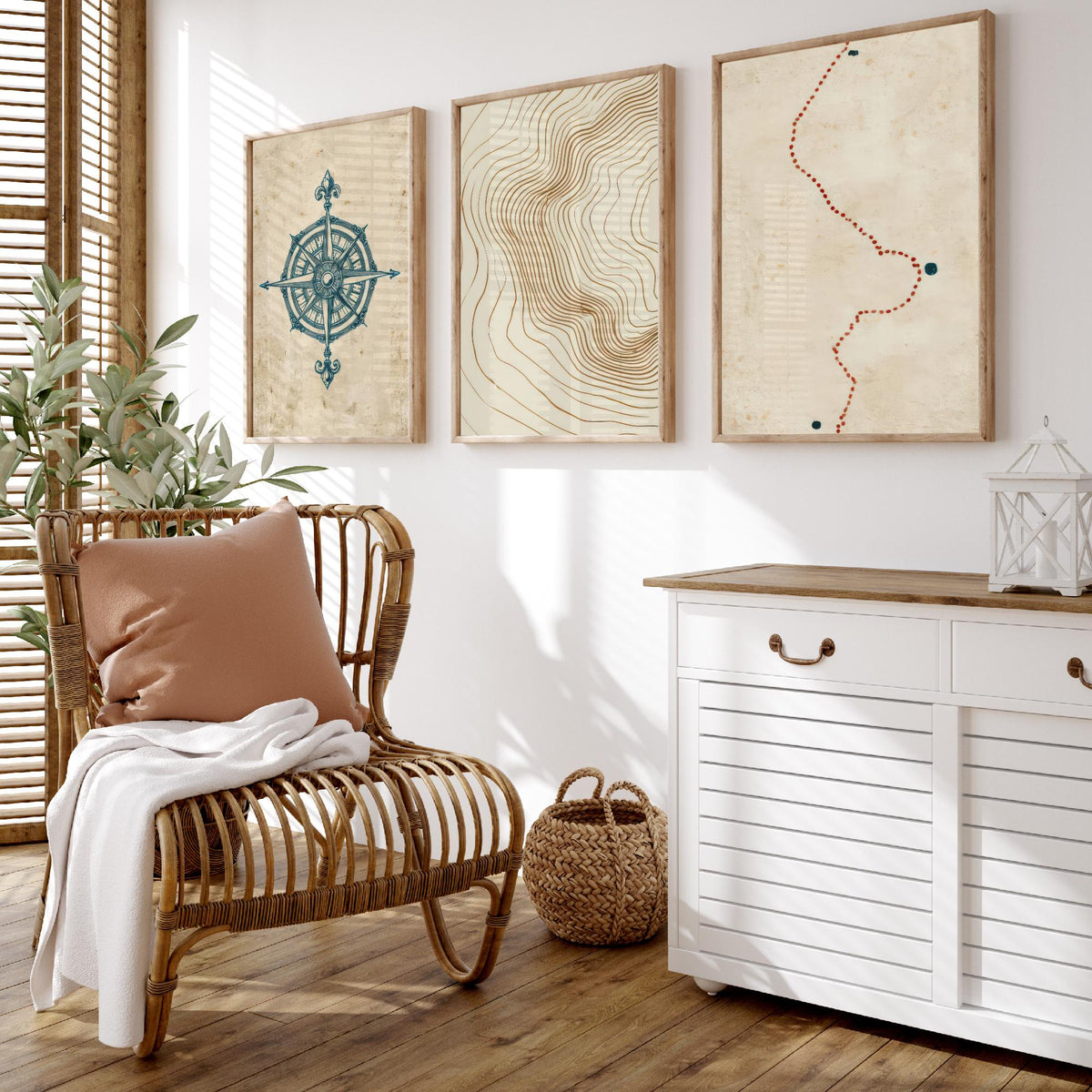 Compass Rose Navigation Set of Three Art Prints - Topographic Contour Lines & Dotted Route - Abstract Cartography Map Poster Illustration V1