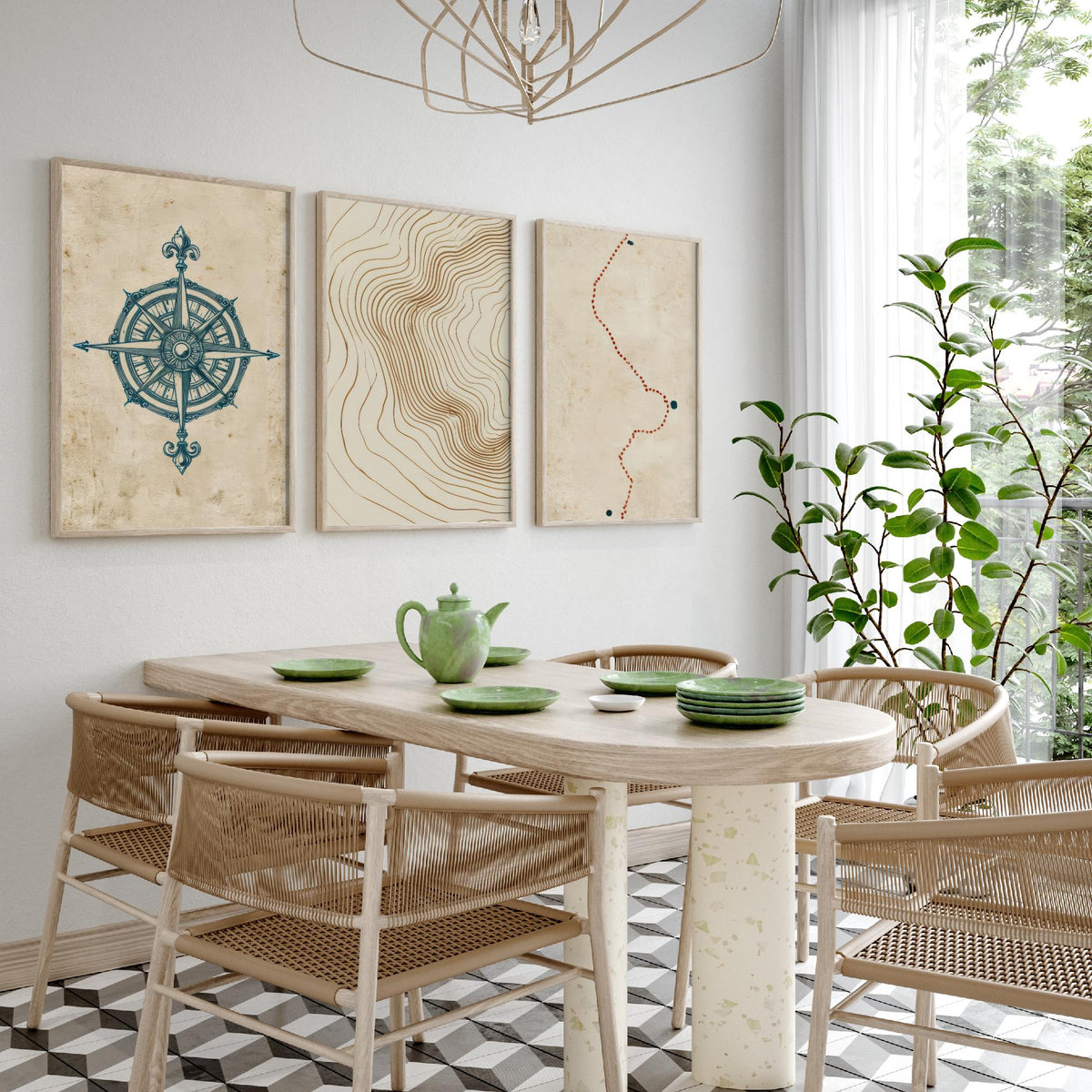 Compass Rose Navigation Set of Three Art Prints - Topographic Contour Lines & Dotted Route - Abstract Cartography Map Poster Illustration V1