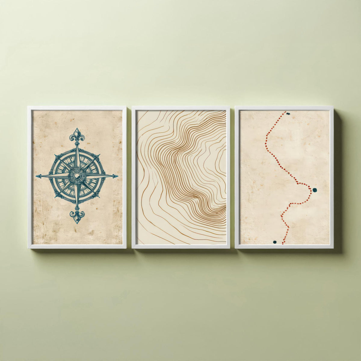 Compass Rose Navigation Set of Three Art Prints - Topographic Contour Lines & Dotted Route - Abstract Cartography Map Poster Illustration V1