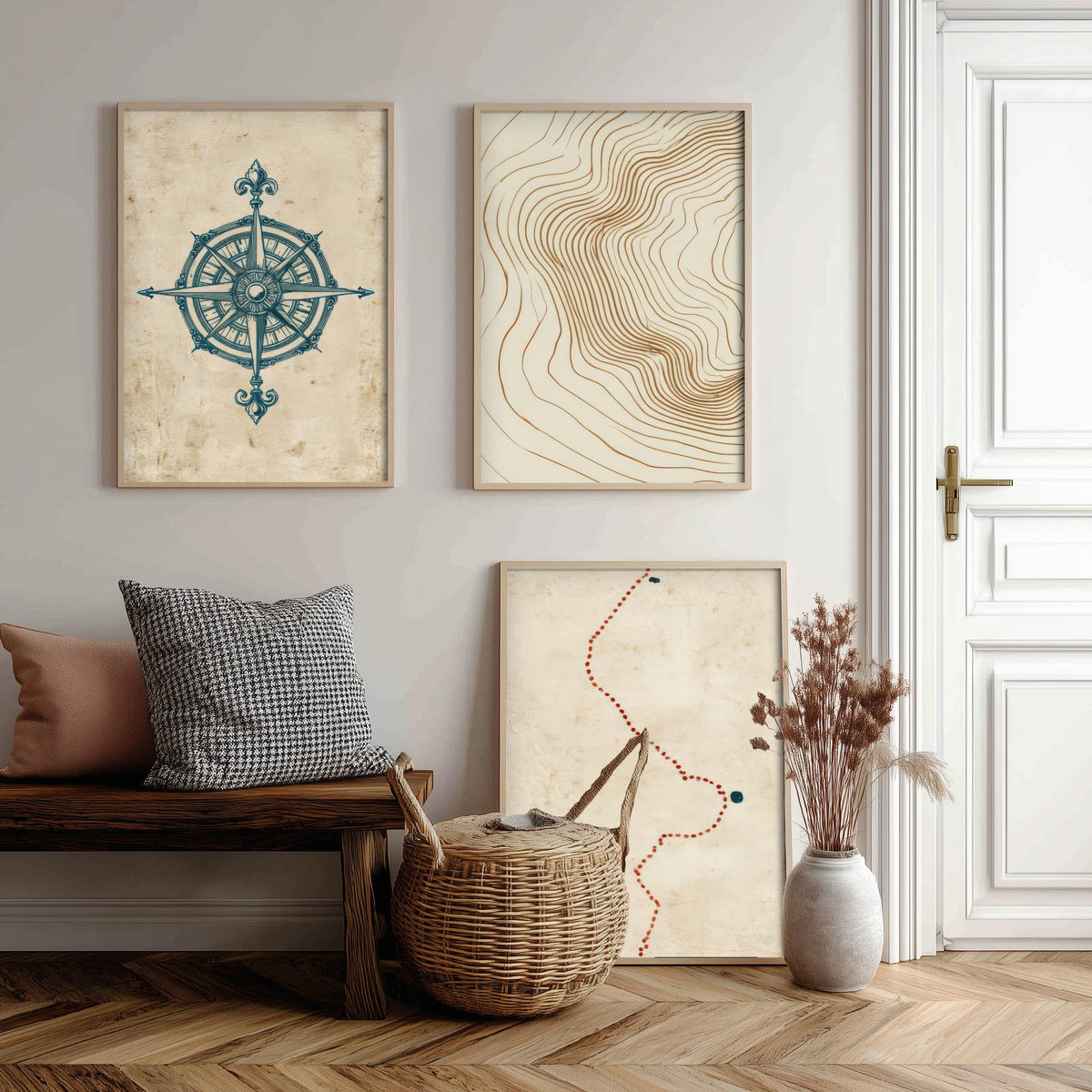 Compass Rose Navigation Set of Three Art Prints - Topographic Contour Lines & Dotted Route - Abstract Cartography Map Poster Illustration V1