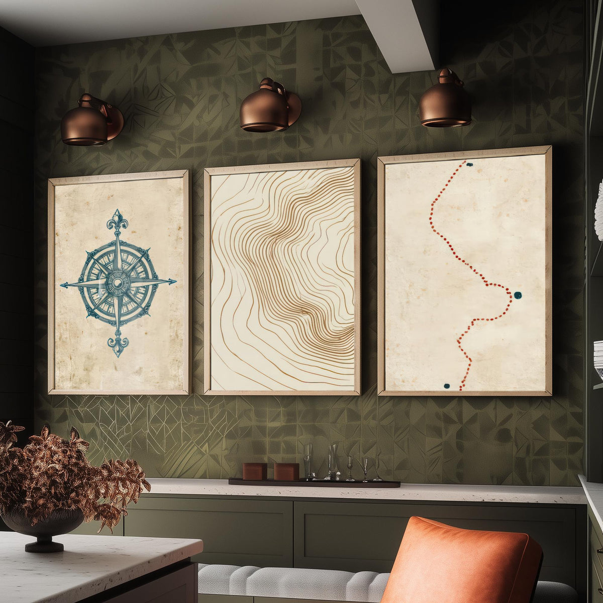 Compass Rose Navigation Set of Three Art Prints - Topographic Contour Lines & Dotted Route - Abstract Cartography Map Poster Illustration V1