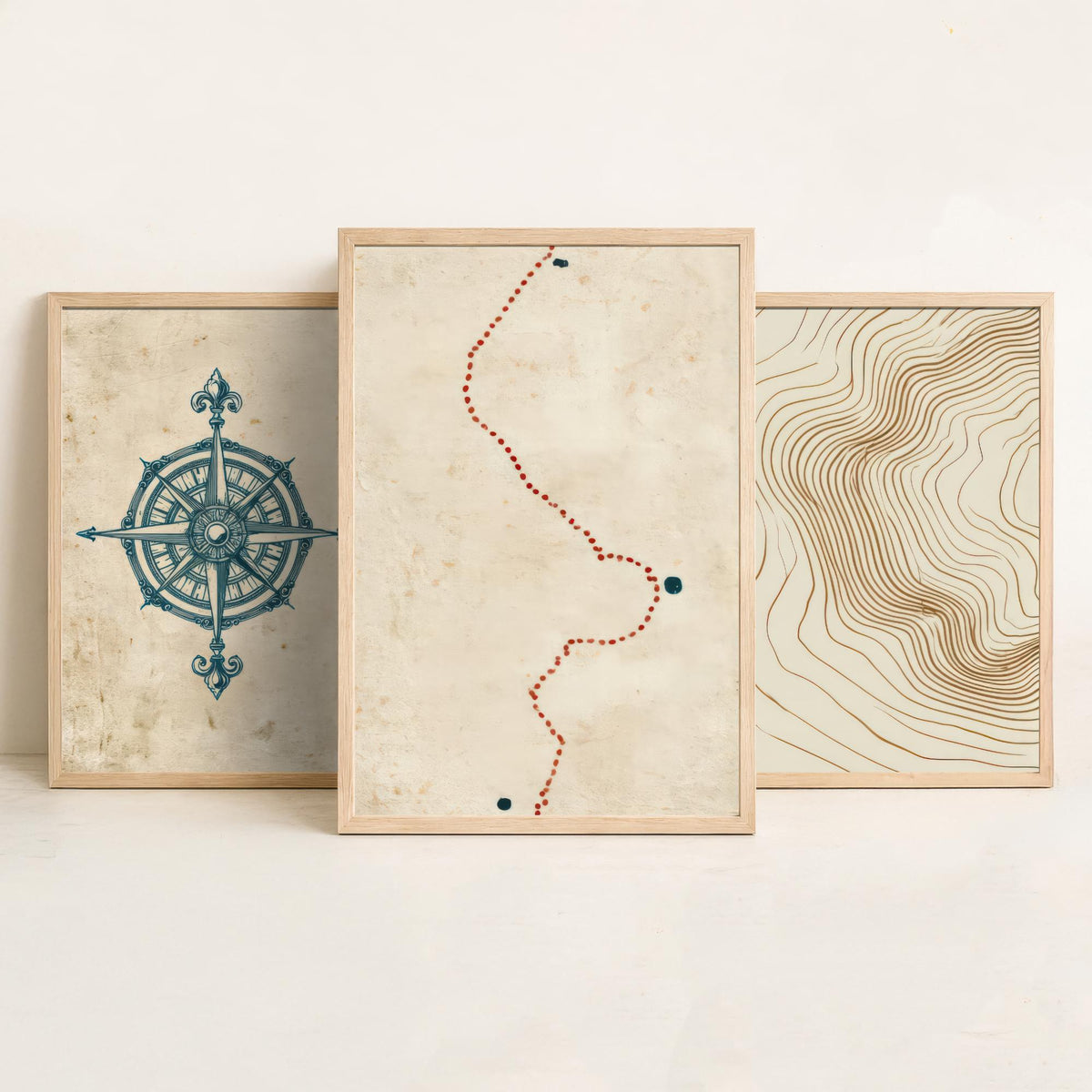 Compass Rose Navigation Set of Three Art Prints - Topographic Contour Lines & Dotted Route - Abstract Cartography Map Poster Illustration V1