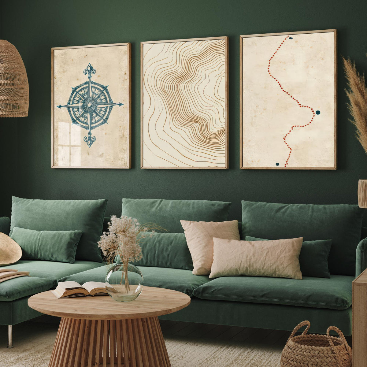 Compass Rose Navigation Set of Three Art Prints - Topographic Contour Lines & Dotted Route - Abstract Cartography Map Poster Illustration V1