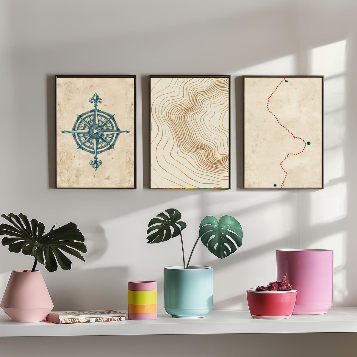 Compass Rose Navigation Set of Three Art Prints - Topographic Contour Lines & Dotted Route - Abstract Cartography Map Poster Illustration V1