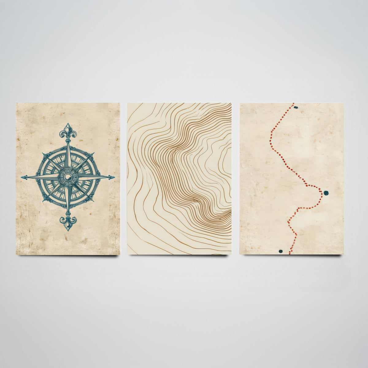 Compass Rose Navigation Set of Three Art Prints - Topographic Contour Lines & Dotted Route - Abstract Cartography Map Poster Illustration V1