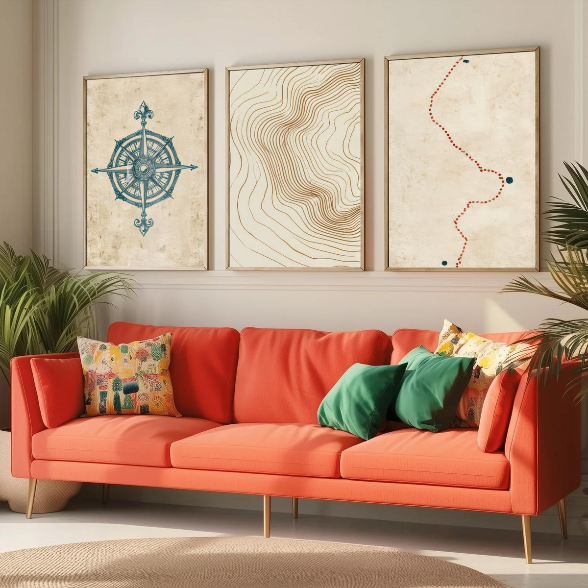 Compass Rose Navigation Set of Three Art Prints - Topographic Contour Lines & Dotted Route - Abstract Cartography Map Poster Illustration V1