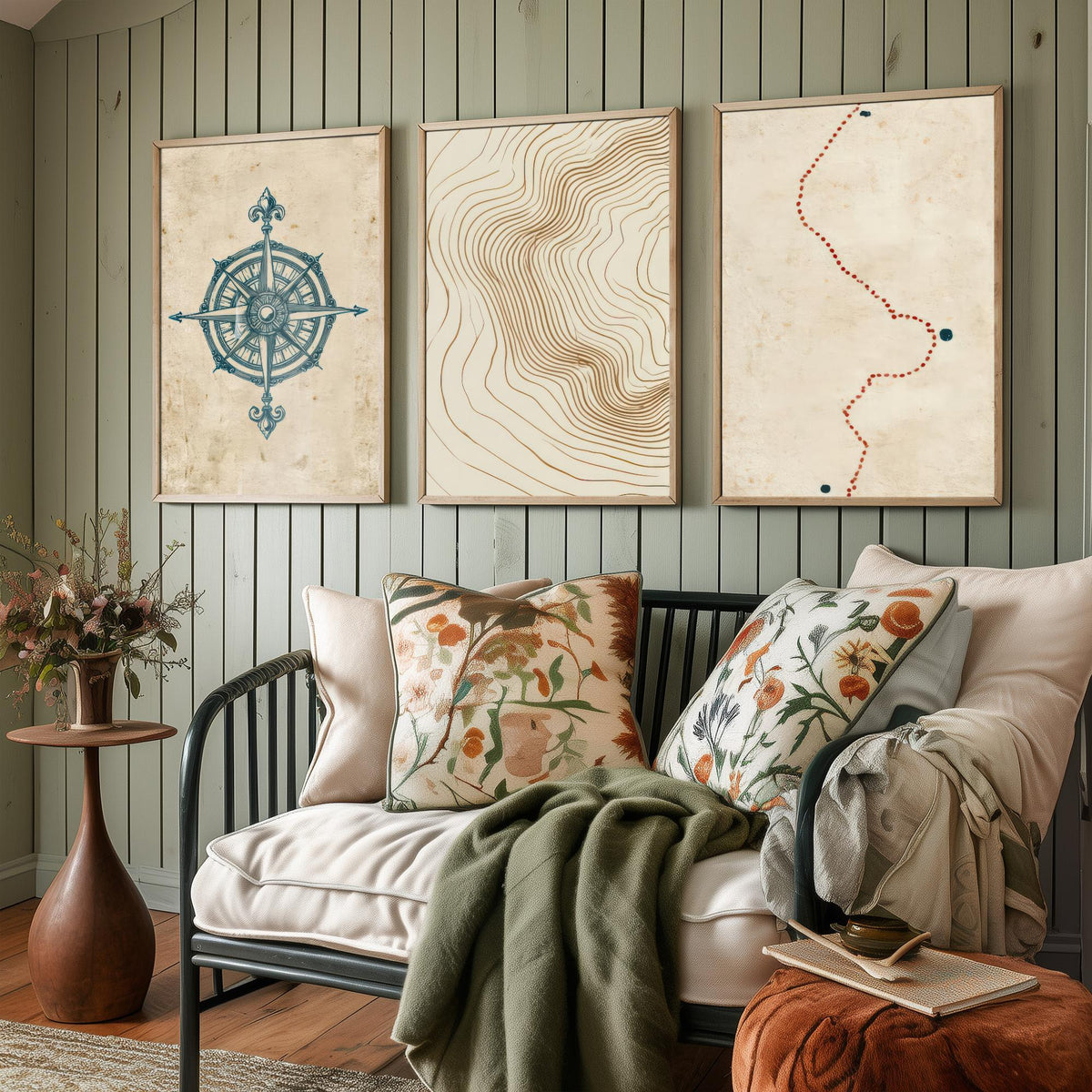 Compass Rose Navigation Set of Three Art Prints - Topographic Contour Lines & Dotted Route - Abstract Cartography Map Poster Illustration V1