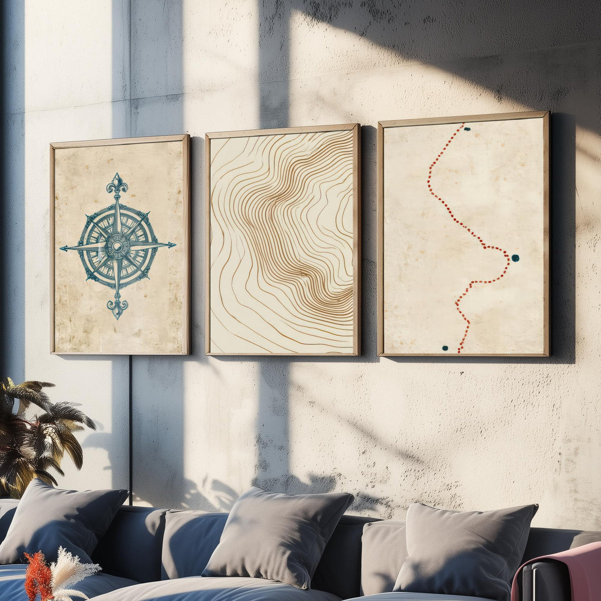 Compass Rose Navigation Set of Three Art Prints - Topographic Contour Lines & Dotted Route - Abstract Cartography Map Poster Illustration V1