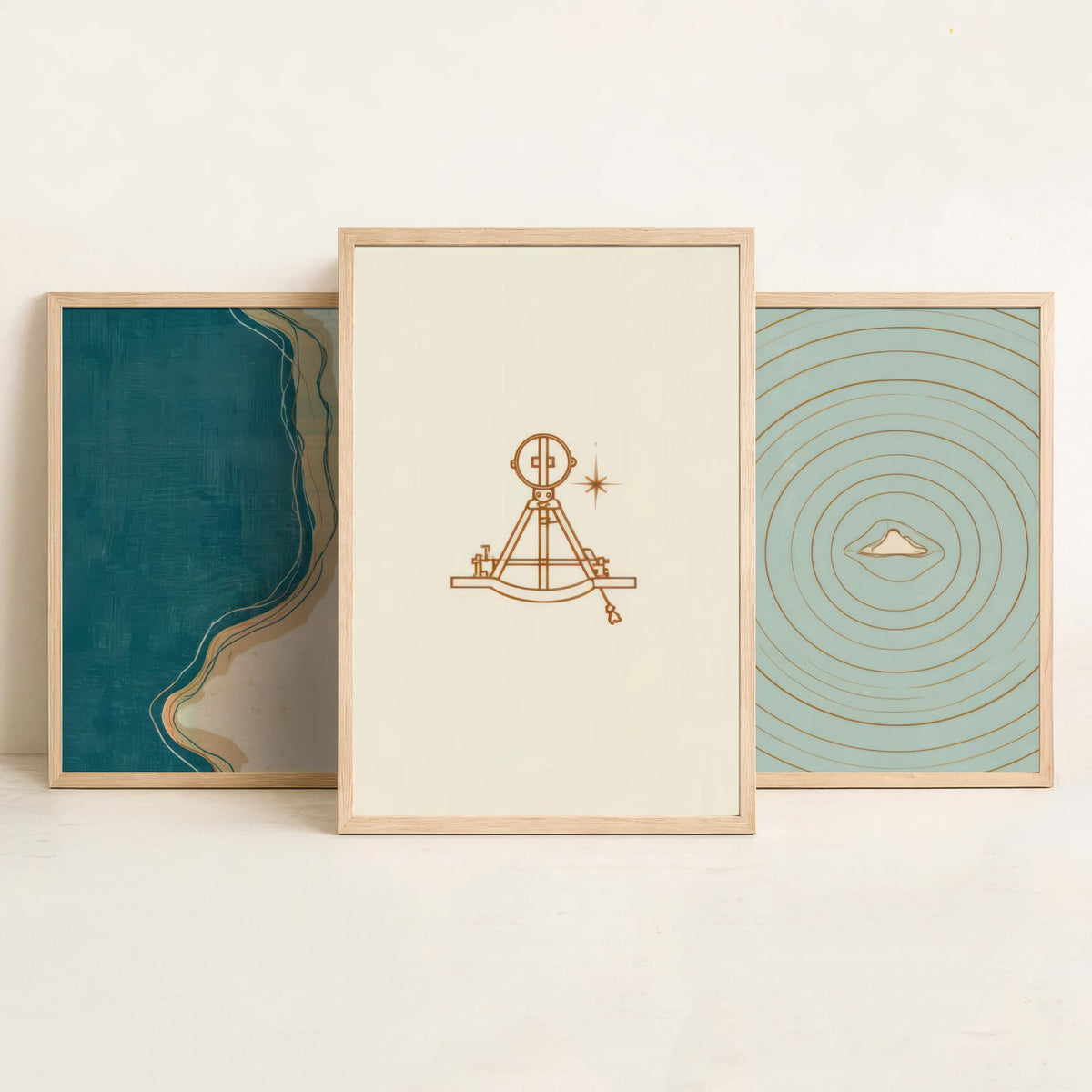 Sextant, Island & Coastline Set of Three Art Prints - Abstract Cartography Navigation Map Poster - Teal Copper Illustration V2