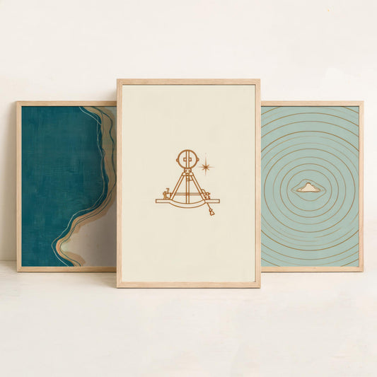 Sextant, Island & Coastline Set of Three Art Prints - Abstract Cartography Navigation Map Poster - Teal Copper Illustration V2