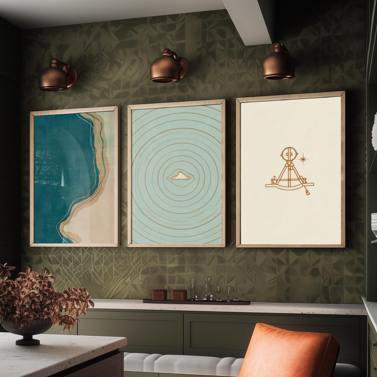 Sextant, Island & Coastline Set of Three Art Prints - Abstract Cartography Navigation Map Poster - Teal Copper Illustration V2