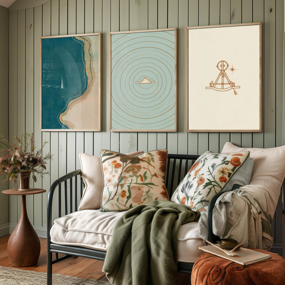 Sextant, Island & Coastline Set of Three Art Prints - Abstract Cartography Navigation Map Poster - Teal Copper Illustration V2