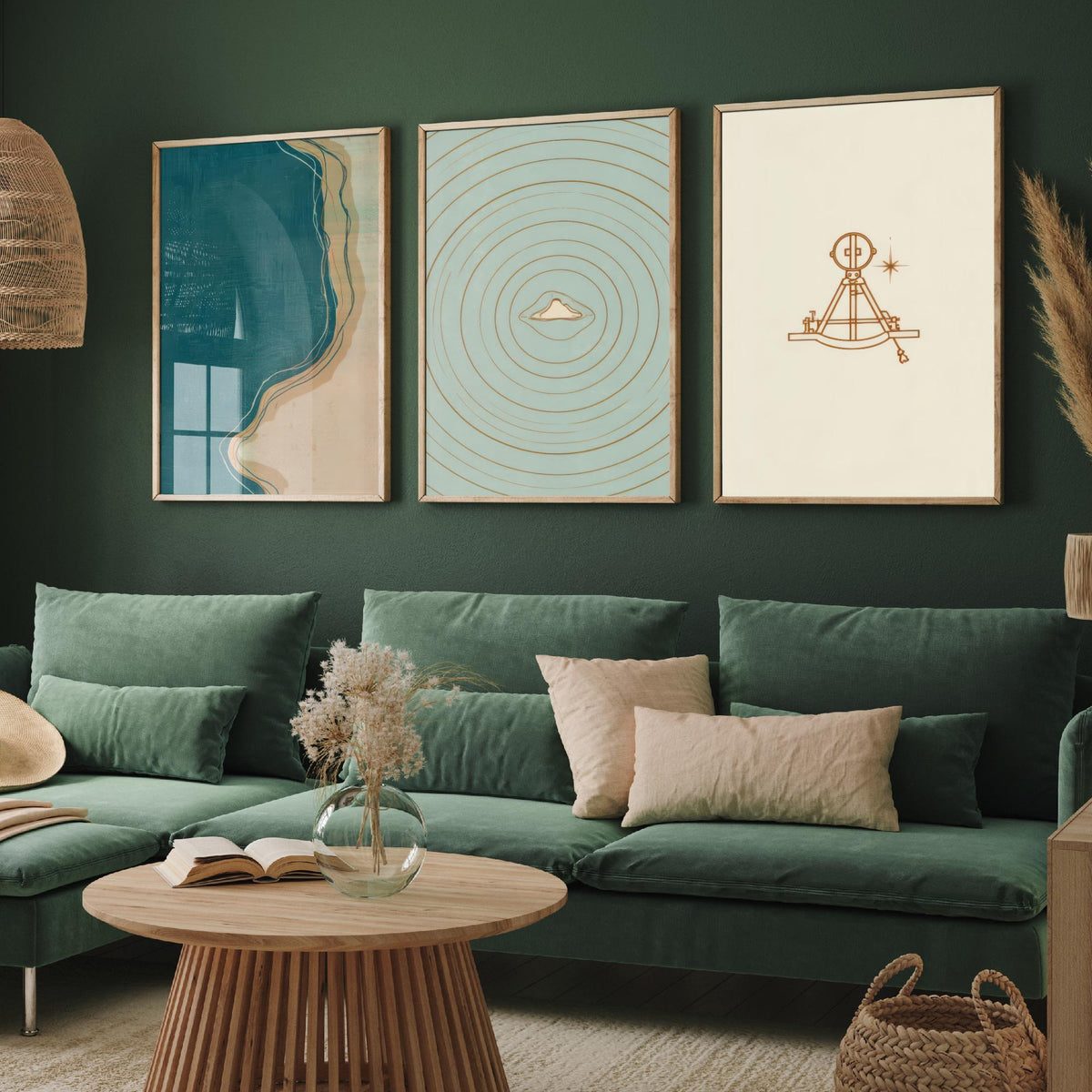 Sextant, Island & Coastline Set of Three Art Prints - Abstract Cartography Navigation Map Poster - Teal Copper Illustration V2