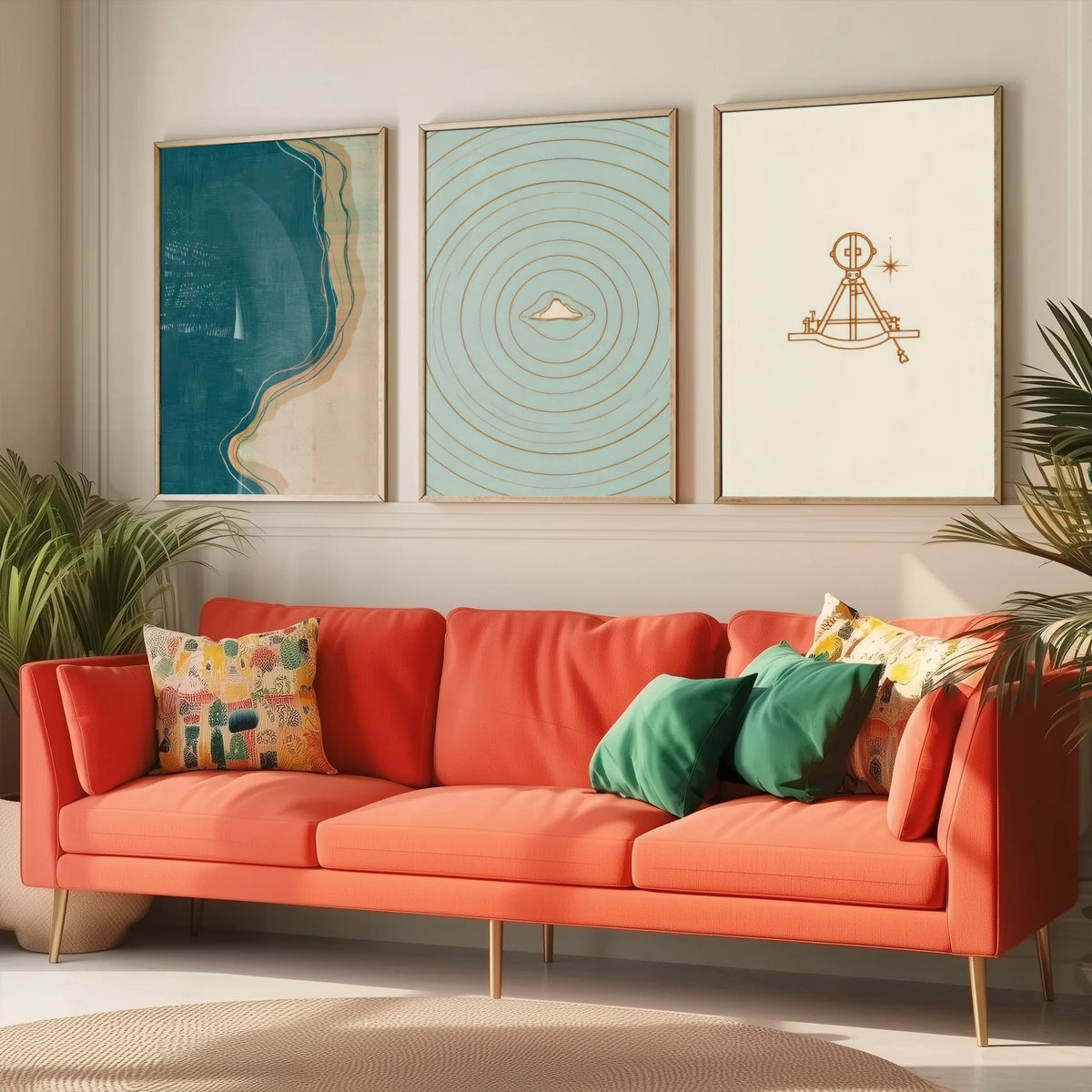 Sextant, Island & Coastline Set of Three Art Prints - Abstract Cartography Navigation Map Poster - Teal Copper Illustration V2