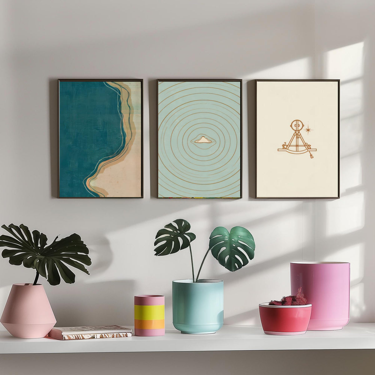 Sextant, Island & Coastline Set of Three Art Prints - Abstract Cartography Navigation Map Poster - Teal Copper Illustration V2
