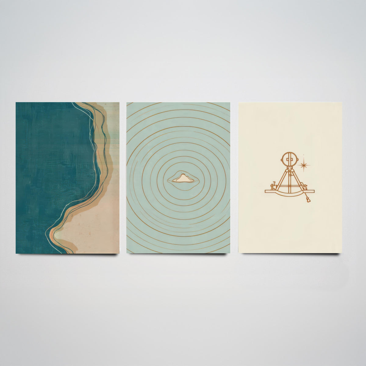 Sextant, Island & Coastline Set of Three Art Prints - Abstract Cartography Navigation Map Poster - Teal Copper Illustration V2
