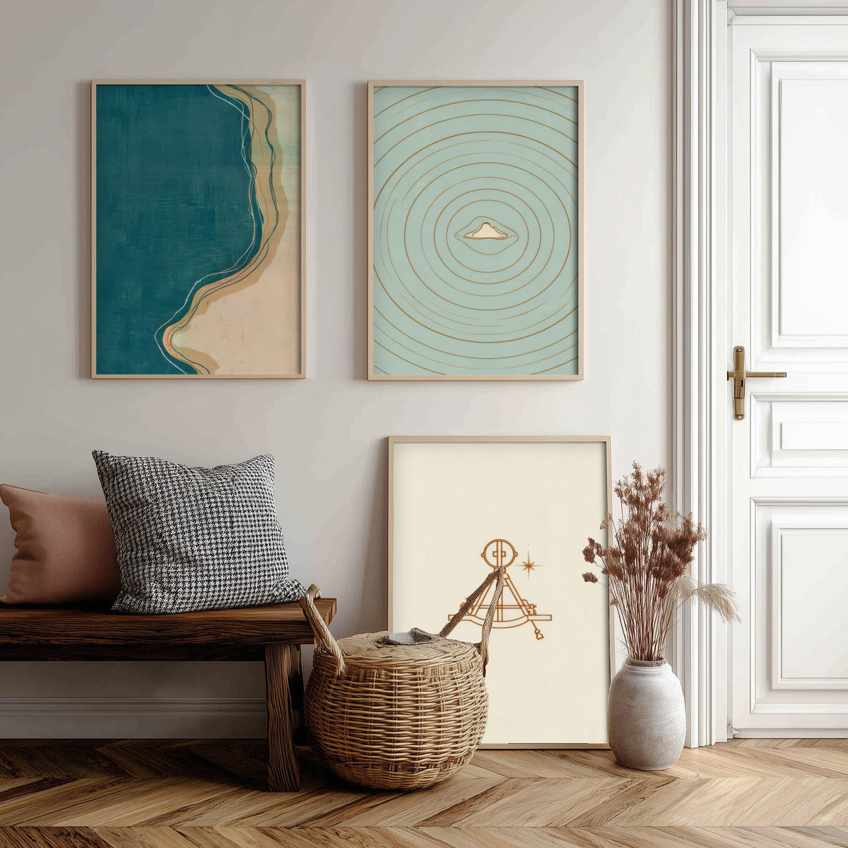 Sextant, Island & Coastline Set of Three Art Prints - Abstract Cartography Navigation Map Poster - Teal Copper Illustration V2