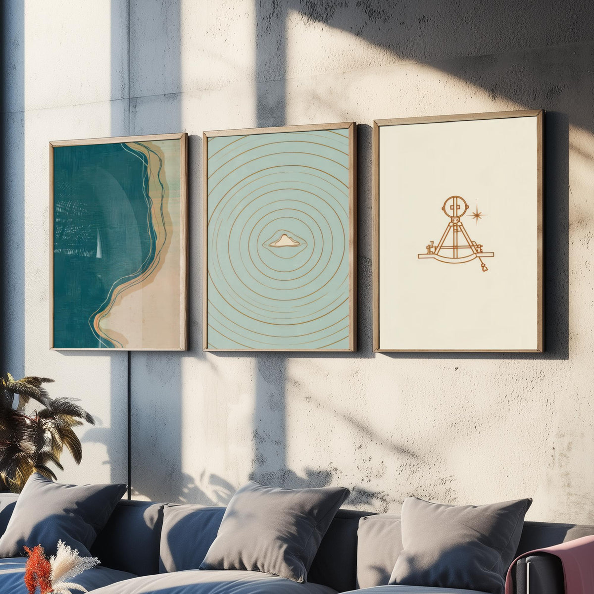 Sextant, Island & Coastline Set of Three Art Prints - Abstract Cartography Navigation Map Poster - Teal Copper Illustration V2