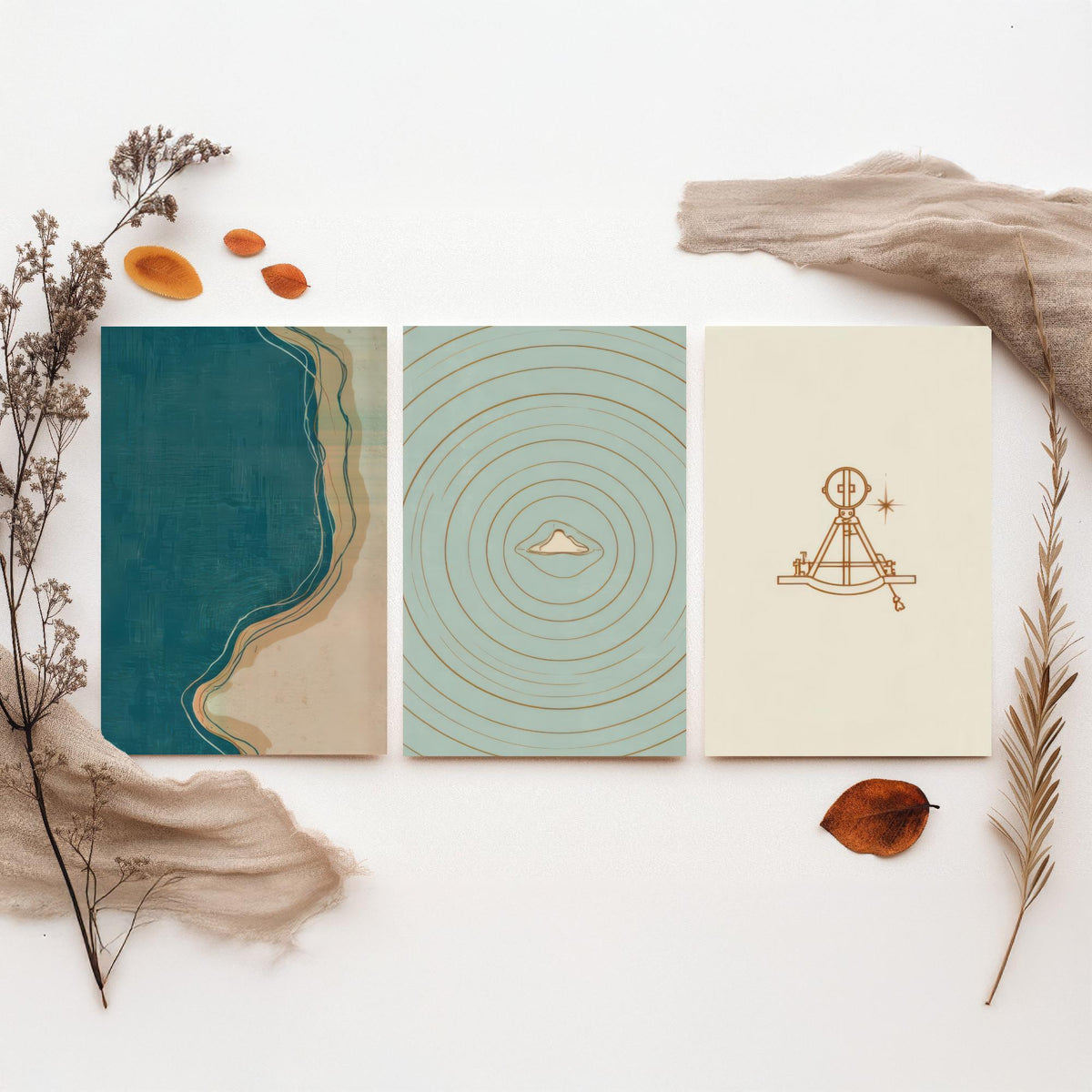 Sextant, Island & Coastline Set of Three Art Prints - Abstract Cartography Navigation Map Poster - Teal Copper Illustration V2