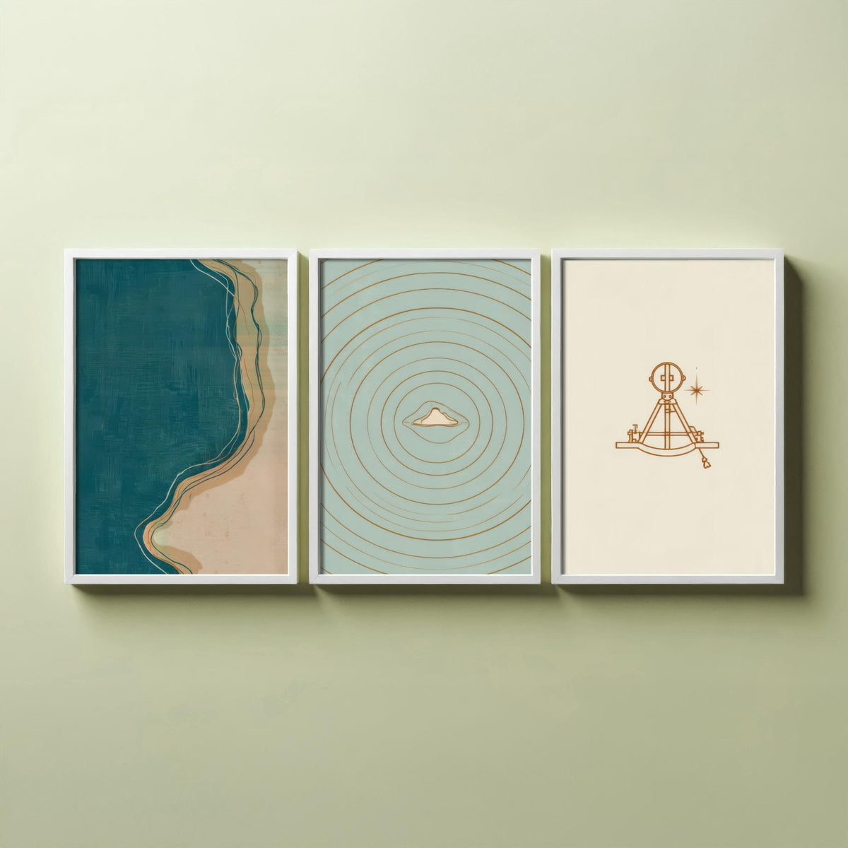 Sextant, Island & Coastline Set of Three Art Prints - Abstract Cartography Navigation Map Poster - Teal Copper Illustration V2