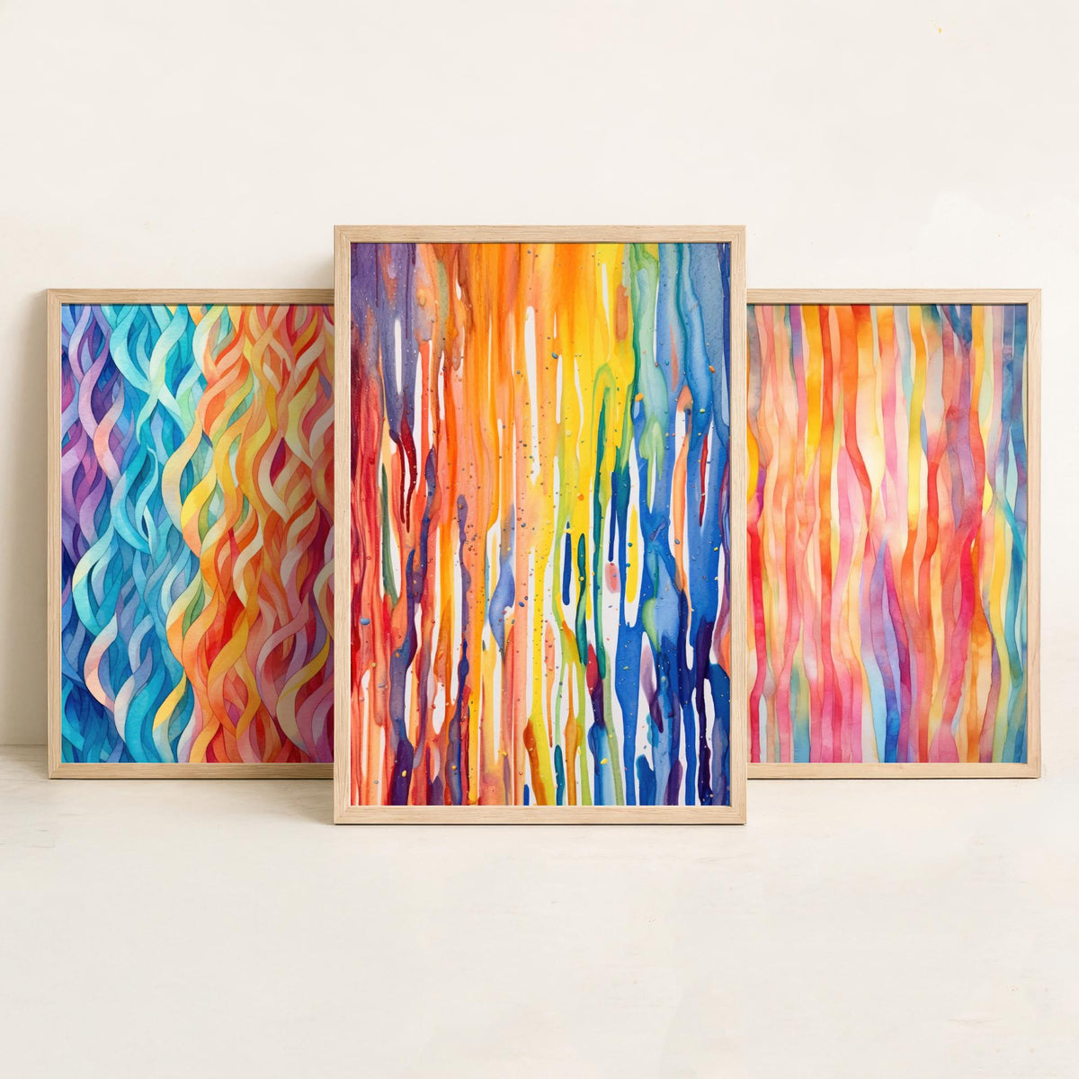 Abstract Colourful Lines Set of Three Art Prints - Rainbow Waves, Watercolour Stripes, Paint Drips - Bright Poster Painting