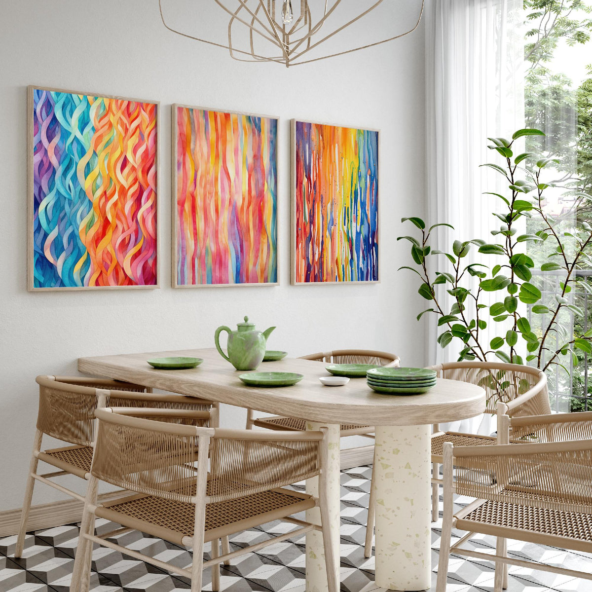 Abstract Colourful Lines Set of Three Art Prints - Rainbow Waves, Watercolour Stripes, Paint Drips - Bright Poster Painting