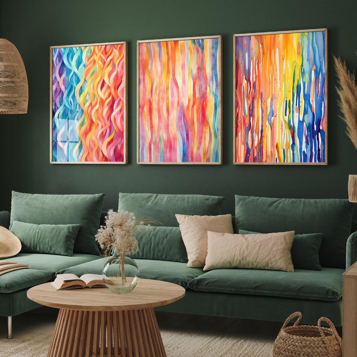 Abstract Colourful Lines Set of Three Art Prints - Rainbow Waves, Watercolour Stripes, Paint Drips - Bright Poster Painting