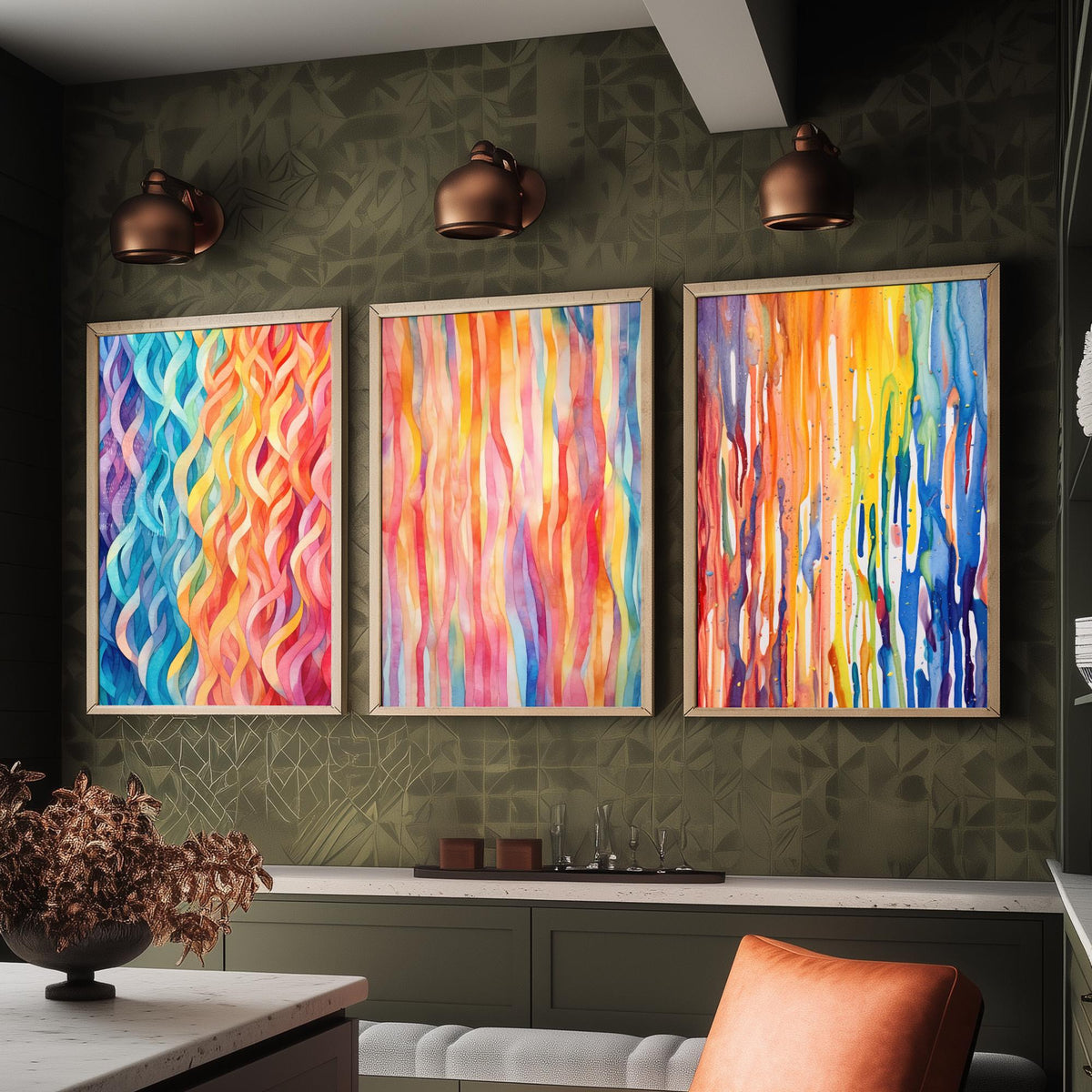 Abstract Colourful Lines Set of Three Art Prints - Rainbow Waves, Watercolour Stripes, Paint Drips - Bright Poster Painting