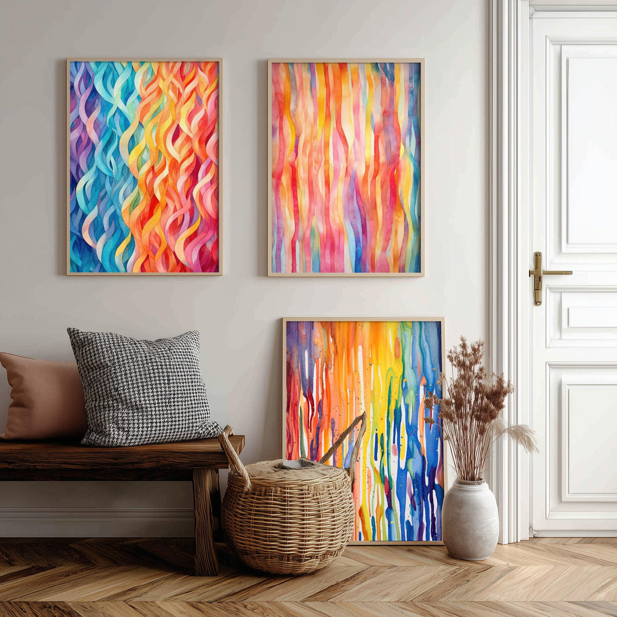 Abstract Colourful Lines Set of Three Art Prints - Rainbow Waves, Watercolour Stripes, Paint Drips - Bright Poster Painting