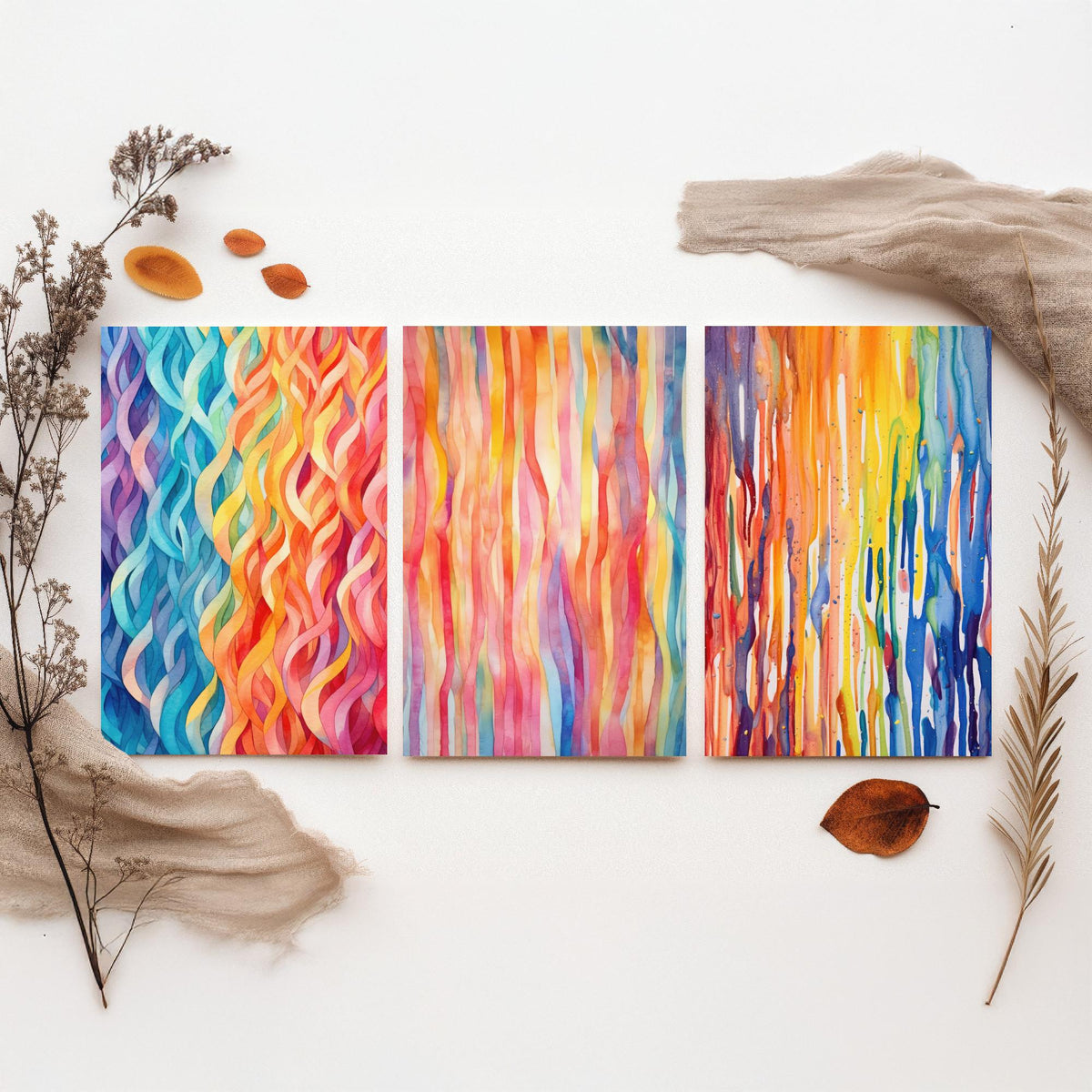 Abstract Colourful Lines Set of Three Art Prints - Rainbow Waves, Watercolour Stripes, Paint Drips - Bright Poster Painting