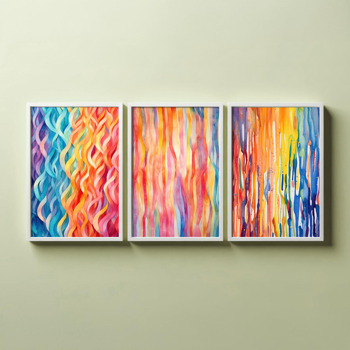 Abstract Colourful Lines Set of Three Art Prints - Rainbow Waves, Watercolour Stripes, Paint Drips - Bright Poster Painting