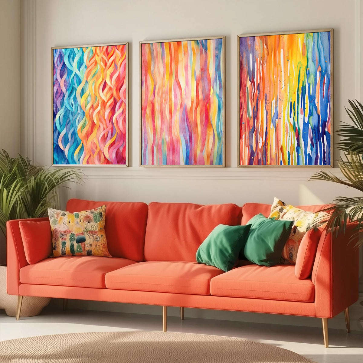 Abstract Colourful Lines Set of Three Art Prints - Rainbow Waves, Watercolour Stripes, Paint Drips - Bright Poster Painting