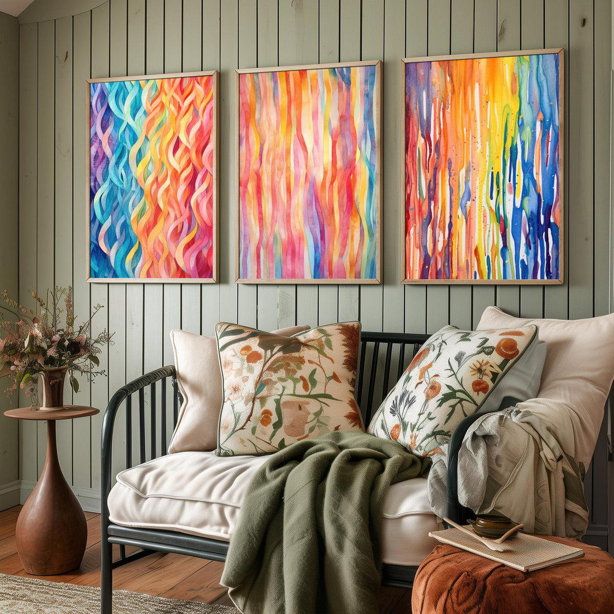 Abstract Colourful Lines Set of Three Art Prints - Rainbow Waves, Watercolour Stripes, Paint Drips - Bright Poster Painting