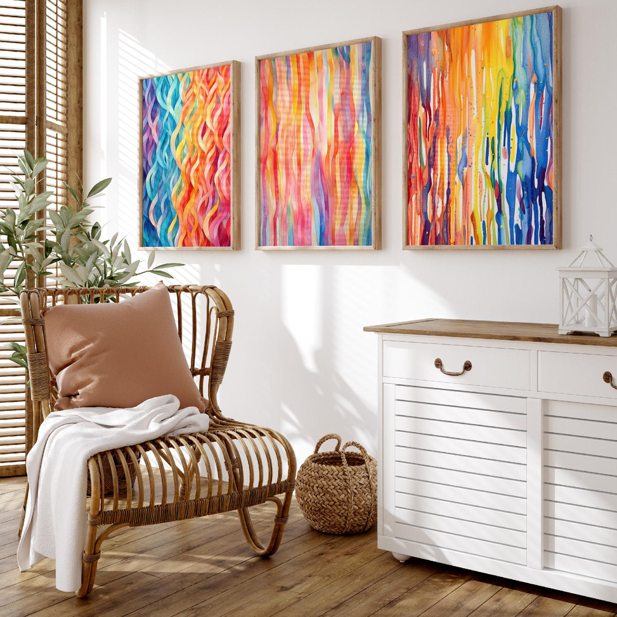 Abstract Colourful Lines Set of Three Art Prints - Rainbow Waves, Watercolour Stripes, Paint Drips - Bright Poster Painting