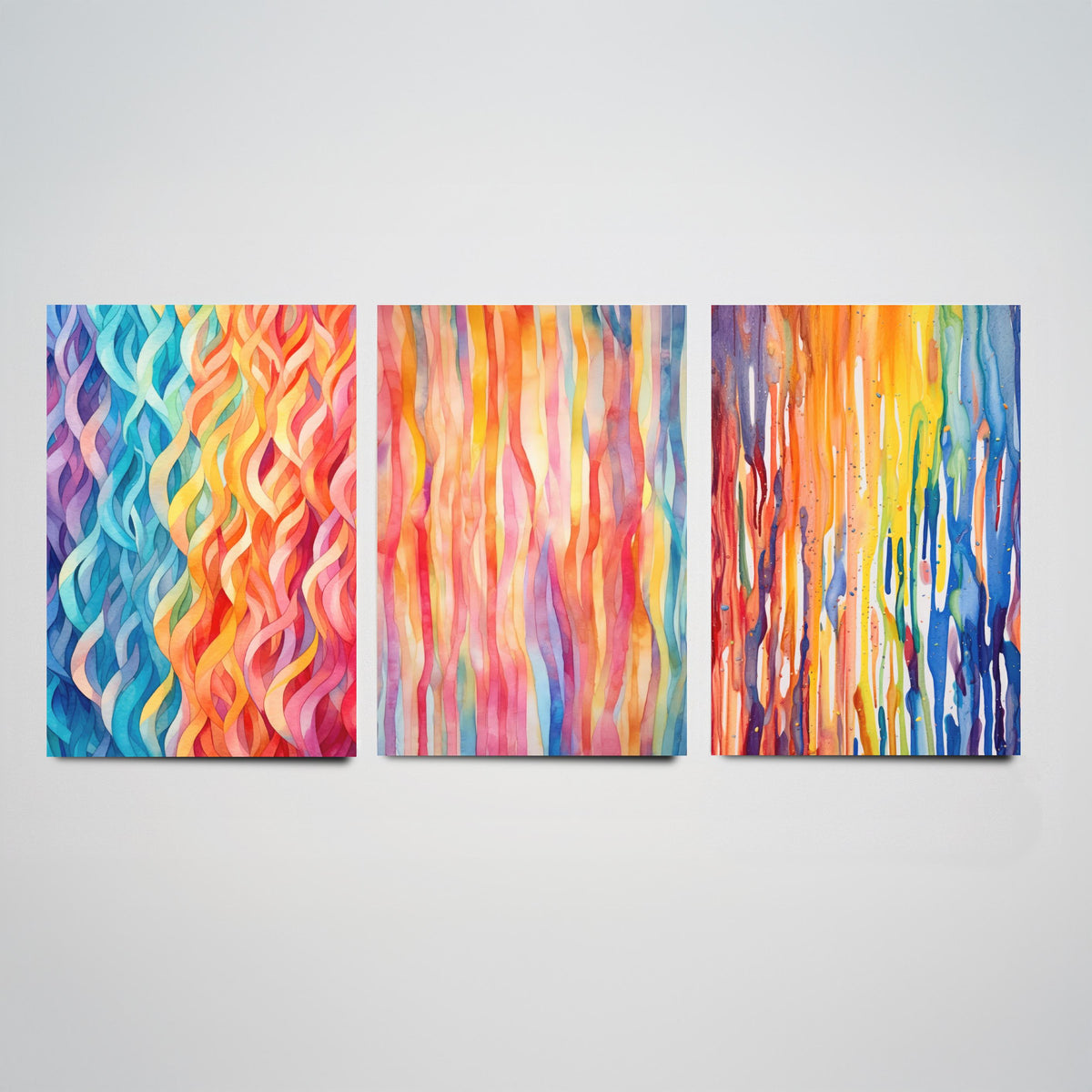 Abstract Colourful Lines Set of Three Art Prints - Rainbow Waves, Watercolour Stripes, Paint Drips - Bright Poster Painting
