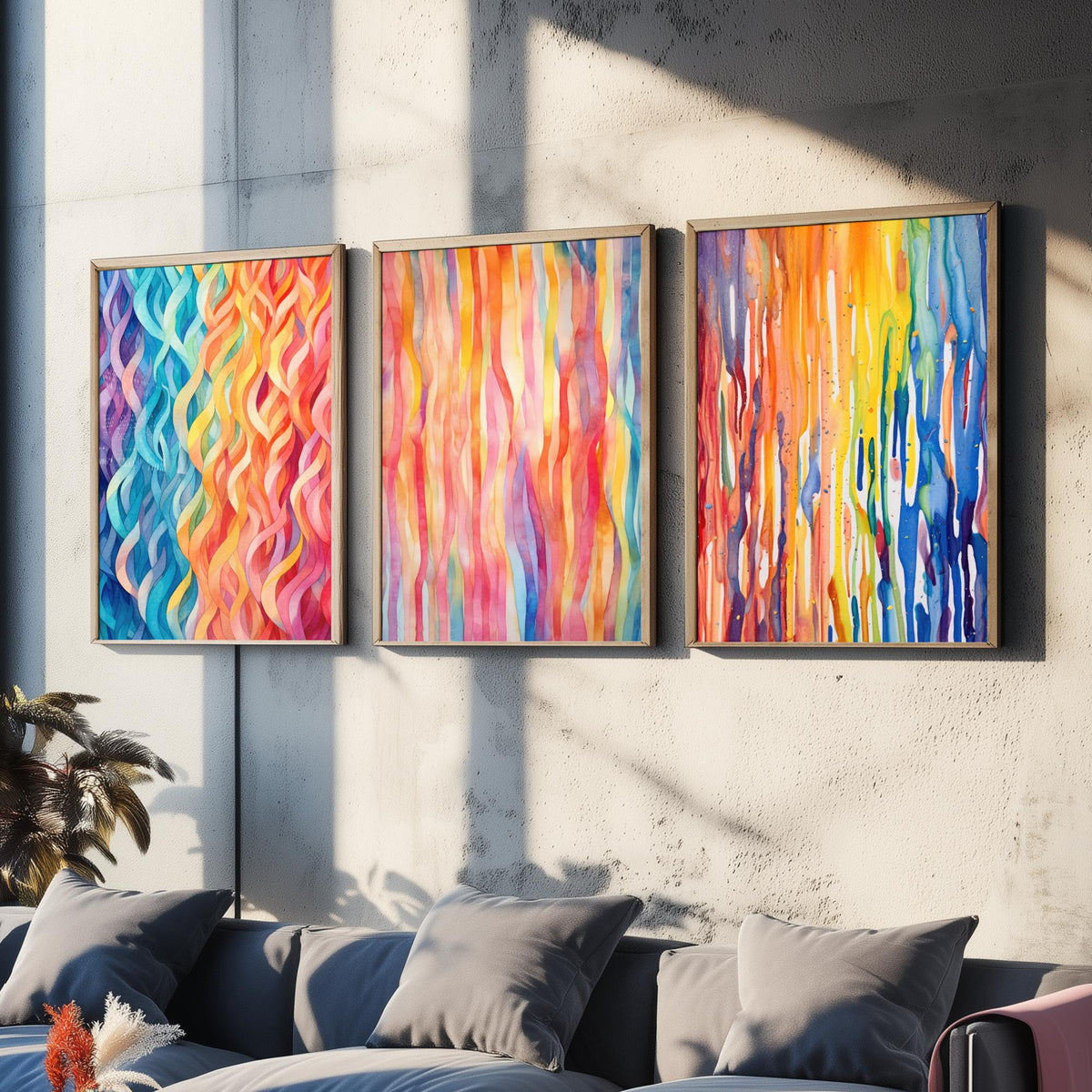 Abstract Colourful Lines Set of Three Art Prints - Rainbow Waves, Watercolour Stripes, Paint Drips - Bright Poster Painting